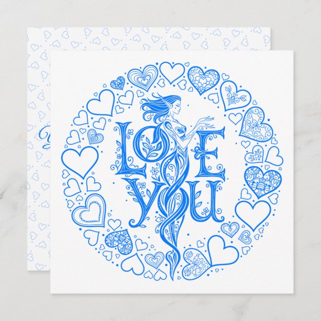 Tarjeta Festiva Love You Fantasy Valentine gift Blue Line Art  (Anverso / Reverso)