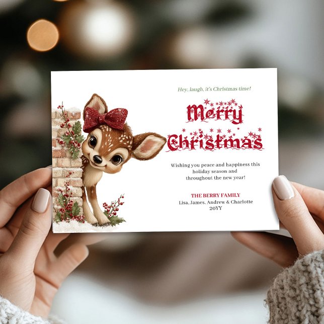 Tarjeta Festiva Lovely Christmas baby deer peeking winter card (Lovely Christmas baby deer peeking winter card)