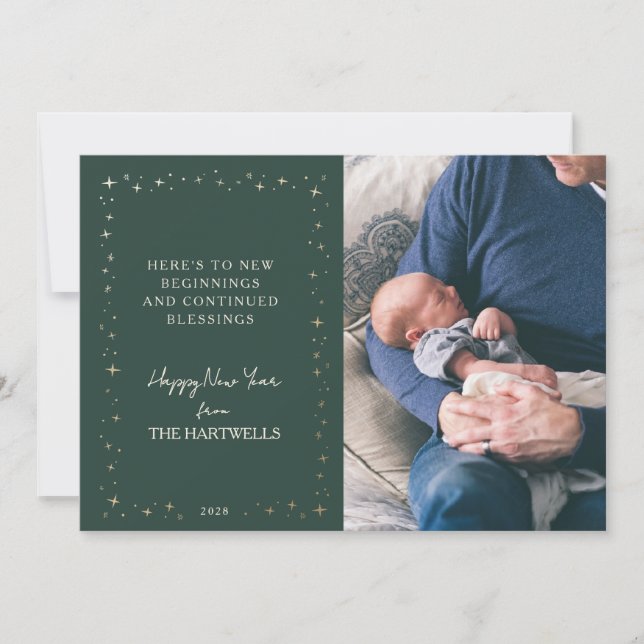 Tarjeta Festiva Lovely Forest Green Starry New Year Photo (Anverso)