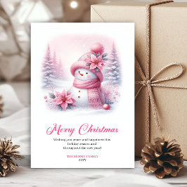 Tarjeta Festiva Lovely pink snowman Christmas kids card editable
