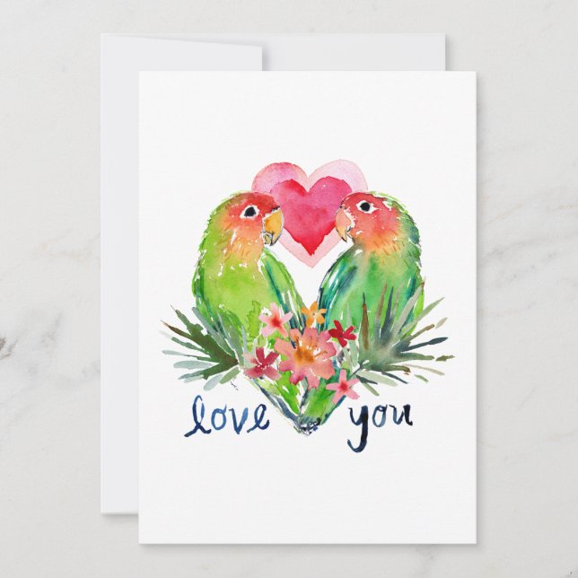 Tarjeta Festiva LOVEY LOVEBIRDS Watercolor tropical Valentine (Anverso)