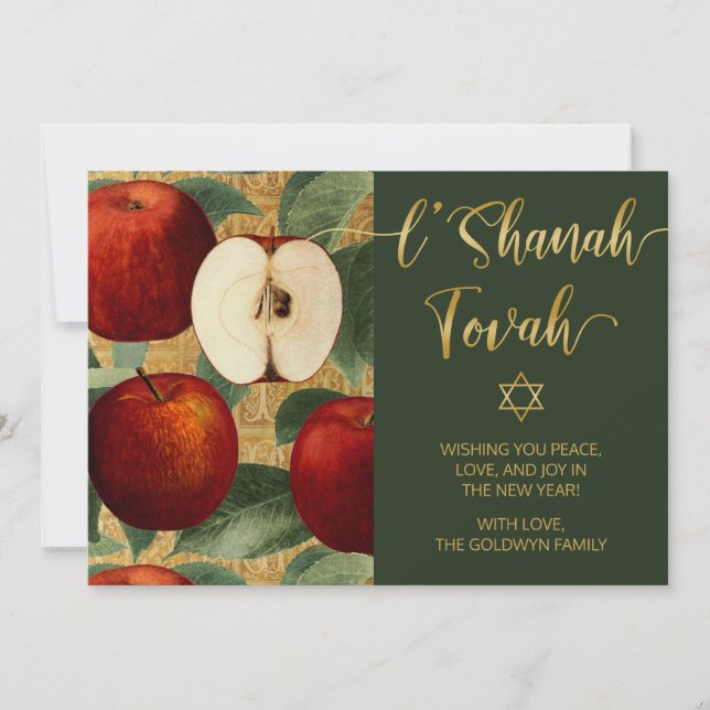 Tarjeta Festiva L'Shanah Tovah Rosh Hashaná Manzanas Judías Verdes (Anverso)