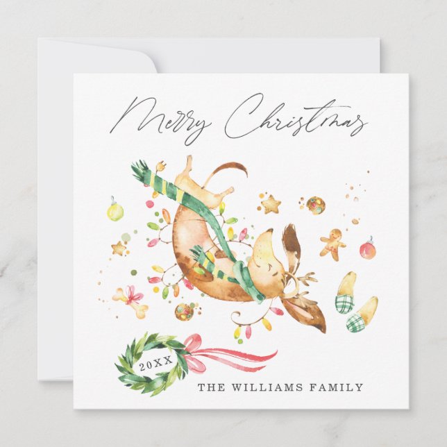 Tarjeta Festiva Luces adorables de perros felices Navidades de Dac (Anverso)