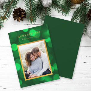 Tarjeta Festiva Luces Bokeh Verde Esmeralda Feliz Año Nuevo Dorado