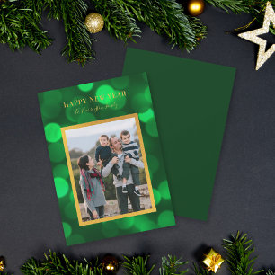 Tarjeta Festiva Luces Bokeh Verde Esmeralda Feliz Año Nuevo Dorado