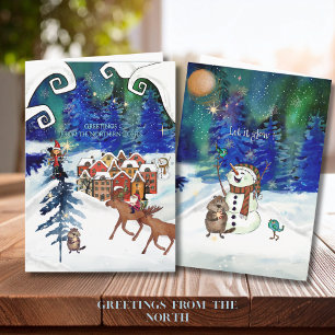 Tarjeta Festiva Luces boreales caprichosas Pueblo nórdico Año Nuev