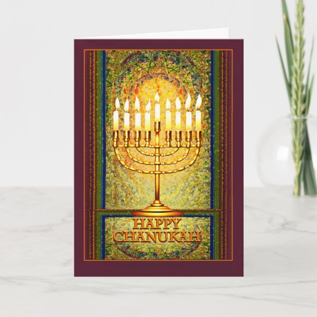 Tarjeta Festiva Luces de Chanukah, Menorah en vitral (Anverso)