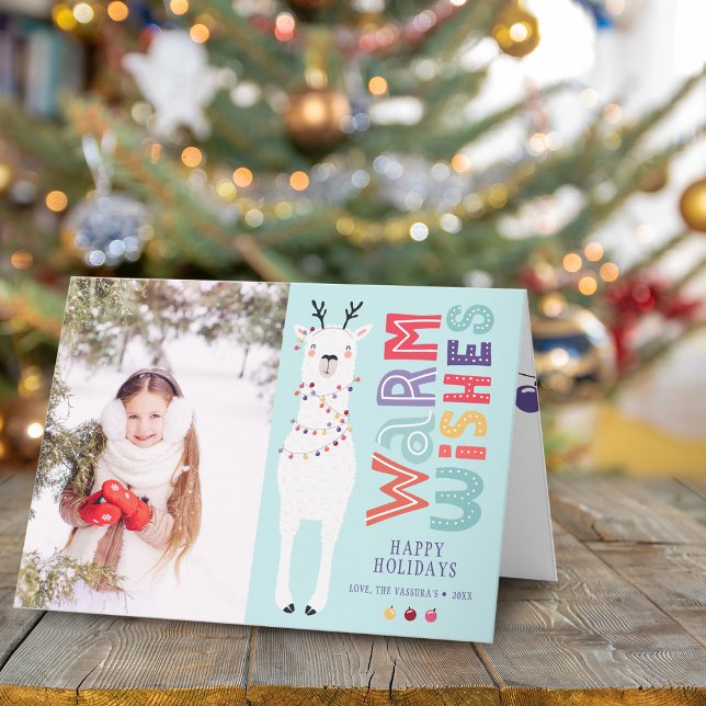 Tarjeta Festiva Luces de cuerda de llama moderna y linda de Navida (Cute Modern Christmas Llama String Lights Photo Holiday Card)