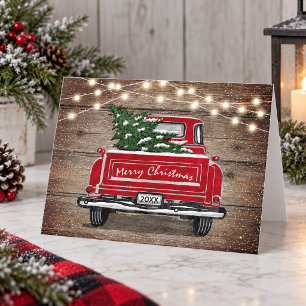 Tarjeta Festiva Luces de Cuerda Rústicas de Camión Rojo Vintage Na