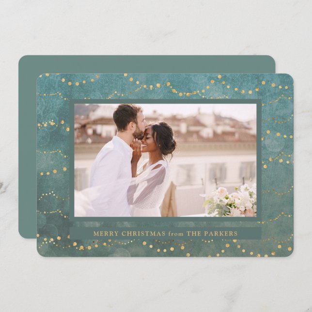 Tarjeta Festiva Luces de hadas de oro | Elegantes Navidades fotogr (Anverso / Reverso)