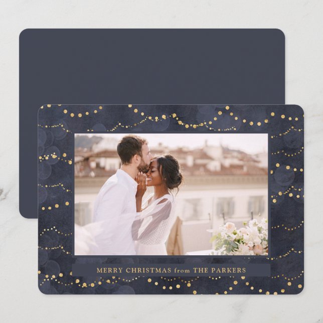 Tarjeta Festiva Luces de hadas de oro | Elegantes Navidades fotogr (Anverso / Reverso)