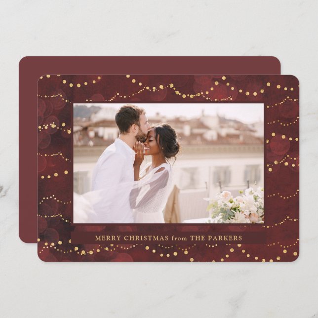 Tarjeta Festiva Luces de hadas de oro | Elegantes Navidades fotogr (Anverso / Reverso)