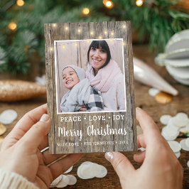 Tarjeta Festiva Luces de madera rústica de campo Foto Feliz Navida