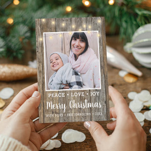 Tarjeta Festiva Luces de madera rústica de campo Foto Feliz Navida