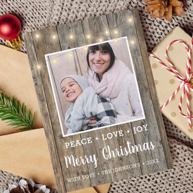 Tarjeta Festiva Luces de Madera Rústica País Foto (Country Rustic Wood Lights Photo Holiday Card)