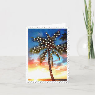 Tarjeta Festiva Luces de palmeras navideñas al atardecer