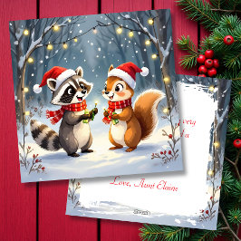 Tarjeta Festiva Luces de Raccoon y Squirrel colgando Navidades