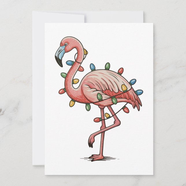 Tarjeta Festiva Luces Navideñas de Flamenco Rosa Vacaciones (Anverso)