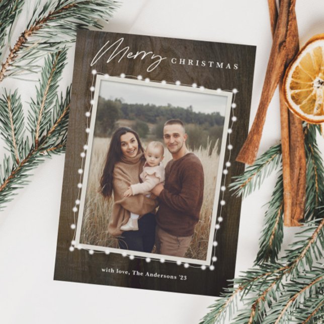 Tarjeta Festiva Luces Navideñas Rústicas Foto (Rustic christmas lights photo holiday card.)