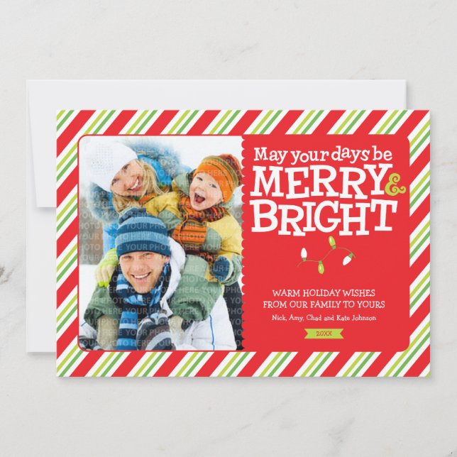 Tarjeta Festiva Luces y rayas de los Navidades merry y brillantes (Anverso)