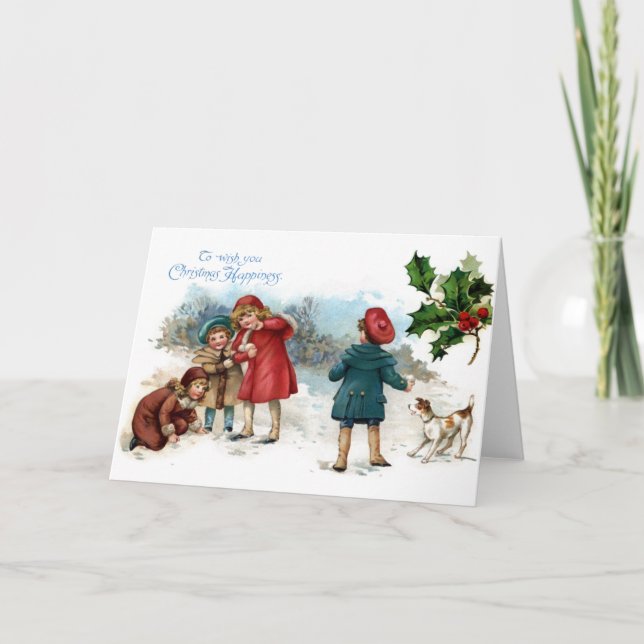 Tarjeta Festiva Lucha pasada de moda de la bola de nieve en (Anverso)