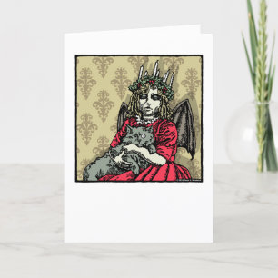 Tarjeta Festiva Lucía y gato rojos - Gótico pop en blanco