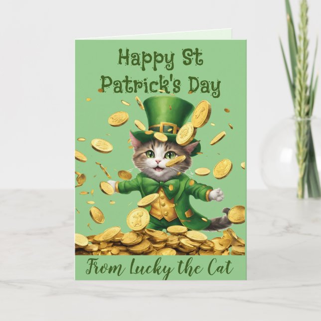 Tarjeta Festiva Lucky Irish Leprechaun cat St Patrick celebra (Anverso)