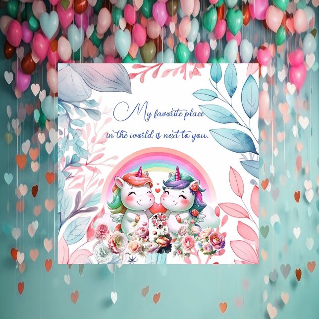 Tarjeta Festiva Lugar favorito San Valentín romántico unicornio (Favourite Place Romantic Unicorn Couple Valentines Holiday Card)