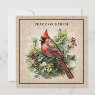 Tarjeta Festiva Lujo de Arpillera con Ave del Bosque Cardinal Vint