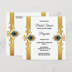 Tarjeta Festiva Lujosa pluma de pavo real marco blanco dorado eleg