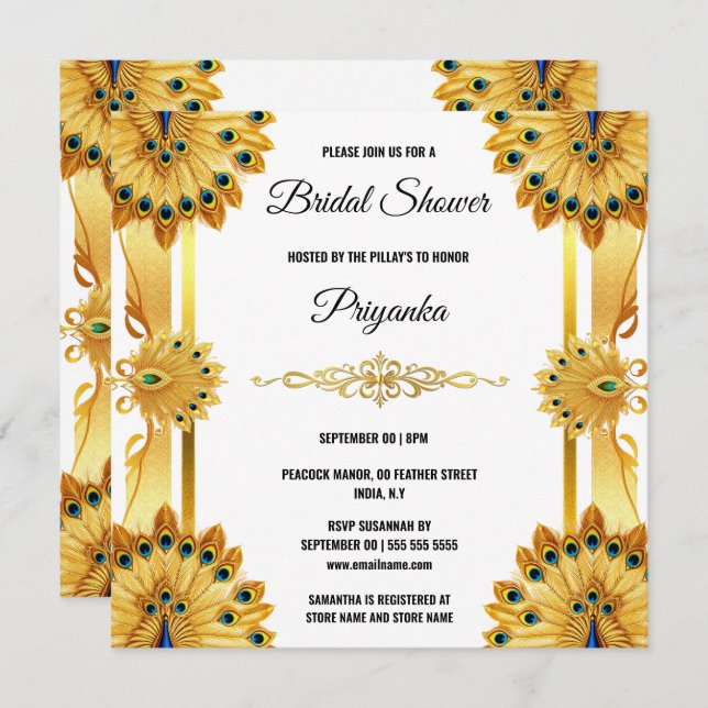 Tarjeta Festiva Lujosa pluma de pavo real ventilador oro blanco el (Anverso / Reverso)