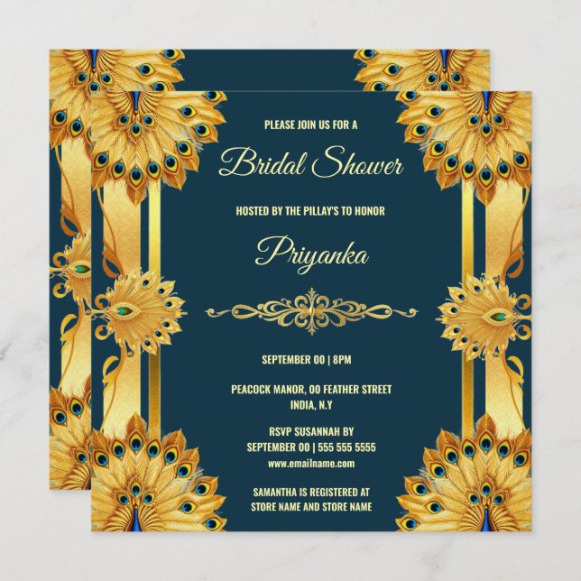 Tarjeta Festiva Lujosa pluma de pavo real ventilador oro elegante  (Anverso / Reverso)