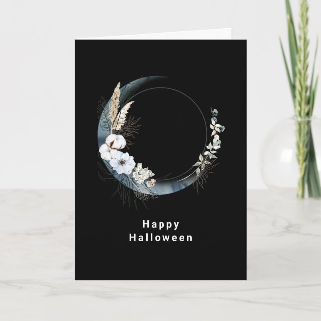 Tarjeta Festiva Luna de la Media Luna Azul con Halloween de flores (Anverso)