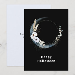 Tarjeta Festiva Luna de la Media Luna Azul con Halloween de flores