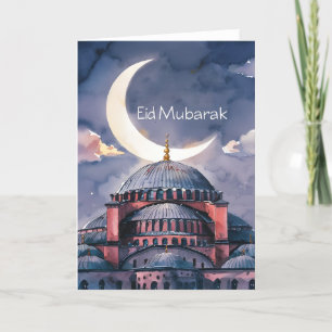 Tarjeta Festiva Luna de la Mezquita de Acuarela Eid Mubarak Luna C