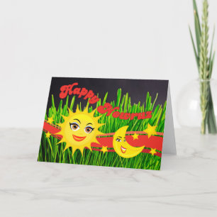 Tarjeta Festiva Luna del Sol Sonriente Verde Sabzeh Año Nuevo Pers