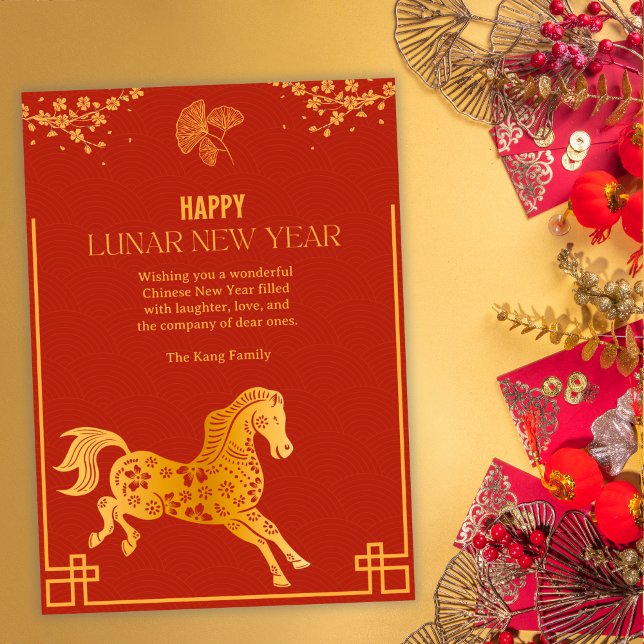 Tarjeta Festiva Lunar New Year Horse in Red & Gold Chinese (Elegant Red & Gold Lunar New Year Horse Card (Personalized))