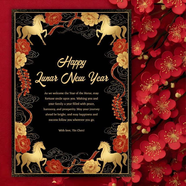 Tarjeta Festiva Lunar New Year Year of the Horse Black & Gold (Luxury 2026 Chinese New Year of the Horse Prosperity Greeting Card)