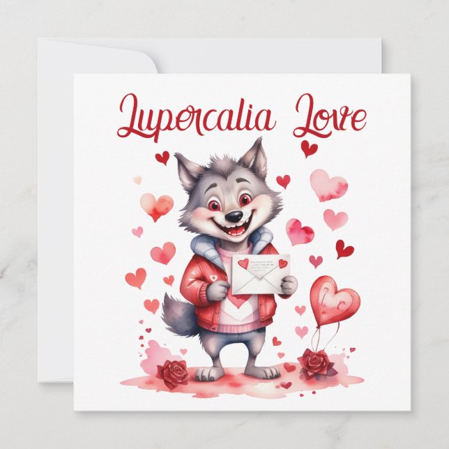 Tarjeta Festiva Lupercalia Love Sweet Wolf Hearts Valentine's Day (Anverso)