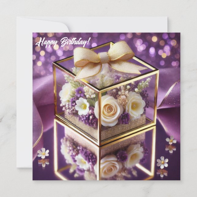 Tarjeta Festiva Lux vidrio púrpura regalo floral chicharrón dorado (Anverso)
