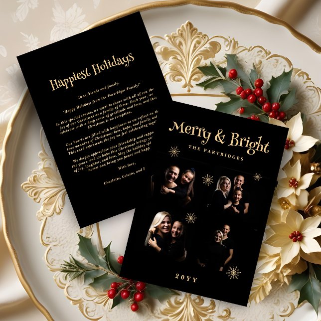 Tarjeta Festiva Luxurious Black 6 Gold 4 Photos Collage Christmas  (Luxurious Black & Gold 4 Photos Collage Christmas Snowflakes Holidays Cards. )