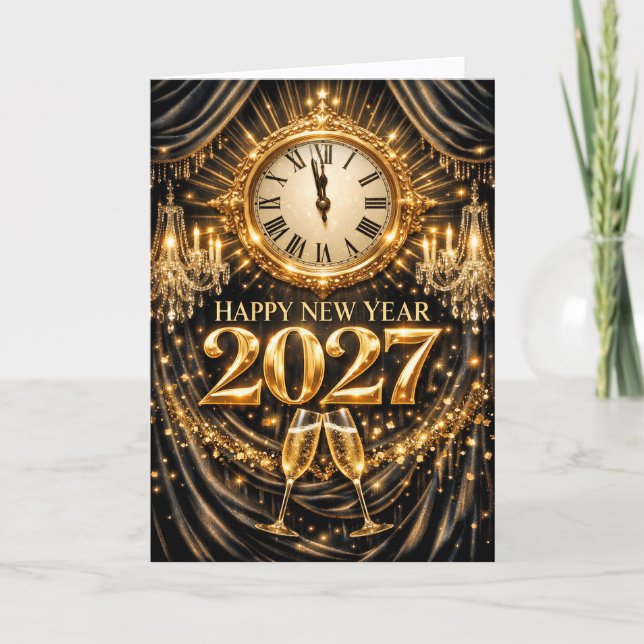 Tarjeta Festiva Luxurious Gold Black Elegant New Year 2027 (Anverso)