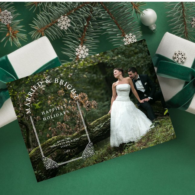Tarjeta Festiva Luxurious Ornamental Dome Arch Newlyweds Photo (Luxurious Ornamental Dome Arch Effect Newlyweds Photo Holiday Card with Envelope.)