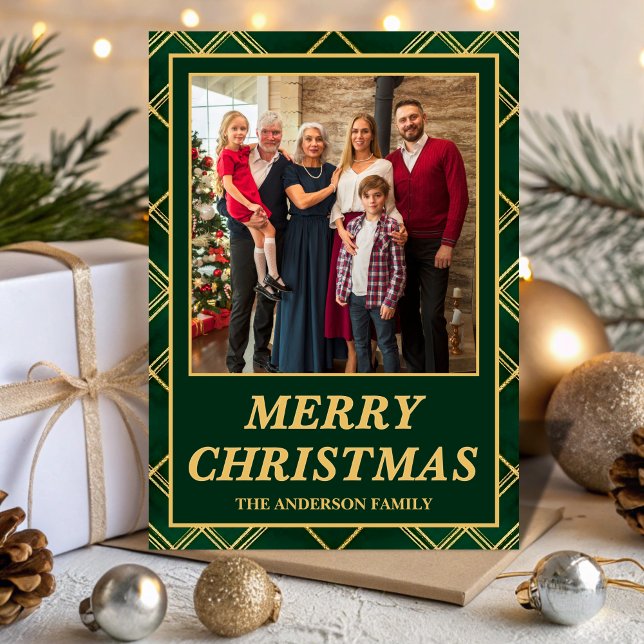 Tarjeta Festiva Luxury Emerald Tartan Plaid Family Photo Christmas (Subido por el creador)