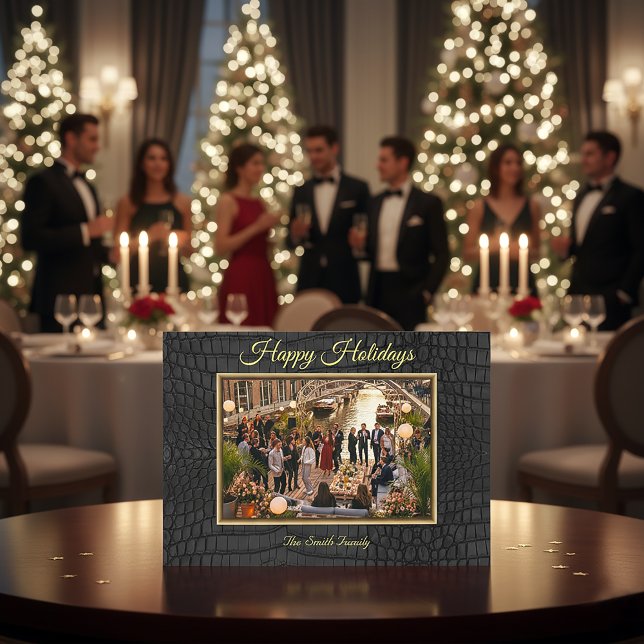 Tarjeta Festiva Luxury Printed Faux Black Crocodile Texture Photo (Luxury Black Crocodile Print Frame Photo Holiday Card)