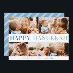 Tarjeta Festiva Luz moderna | Elegante Hanukkah 5 Collage de fotos<br><div class="desc">Comparte la alegría de Hanukkah con estas coloridas tarjetas de collage con 5 fotos de tu paisaje favorito o fotos horizontales. "Hanukkah feliz" aparece a través del centro en un moderno tipo bicolor, con tu nombre de familia, saludo personalizado (mostrado con "amor y luz") y el año a lo largo...</div>