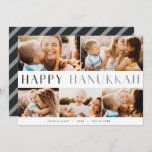 Tarjeta Festiva Luz moderna | Elegante Hanukkah 5 Collage de fotos<br><div class="desc">Comparte la alegría de Hanukkah con estas coloridas tarjetas de collage con 5 fotos de tu paisaje favorito o fotos horizontales. "Hanukkah feliz" aparece a través del centro en un moderno tipo bicolor, con tu nombre de familia, saludo personalizado (mostrado con "amor y luz") y el año a lo largo...</div>