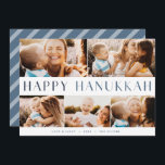 Tarjeta Festiva Luz moderna | Elegante Hanukkah 5 Collage de fotos<br><div class="desc">Comparte la alegría de Hanukkah con estas coloridas tarjetas de collage con 5 fotos de tu paisaje favorito o fotos horizontales. "Hanukkah feliz" aparece a través del centro en un moderno tipo bicolor, con tu nombre de familia, saludo personalizado (mostrado con "amor y luz") y el año a lo largo...</div>