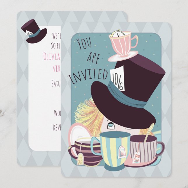 Tarjeta Festiva Mad Hatter Birthday Tea Fiesta  (Anverso / Reverso)