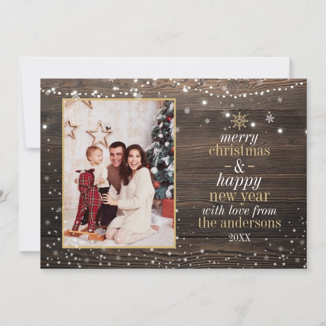 Tarjeta Festiva Madera, luces de cuerdas y Navidades elegantes de  (Anverso)